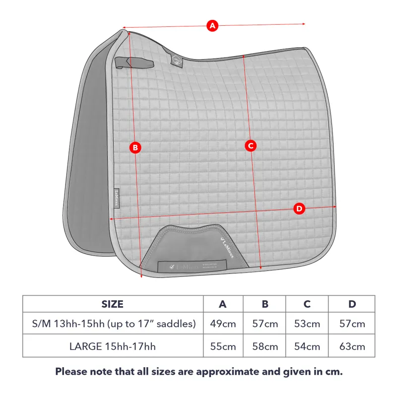 LeMieux Loire Satin Memory Dressage Square Size Guide